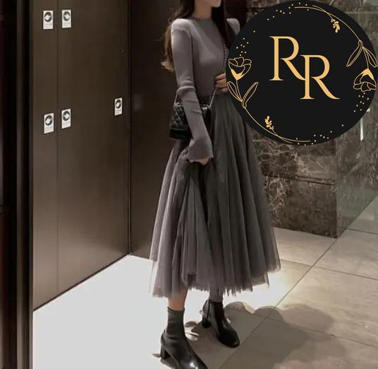 【送料無料】 rrstyle レディース 着痩せ効果 無地 秋冬 足首丈 エレガント メッシュ Aライン 切り替え ラウンドネック カジュアルワンピース