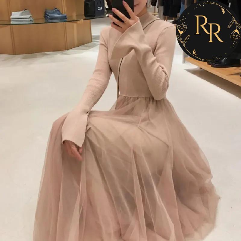 【送料無料】 rrstyle レディース 着痩せ効果 無地 秋冬 足首丈 エレガント メッシュ Aライン 切り替え ラウンドネック カジュアルワンピース
