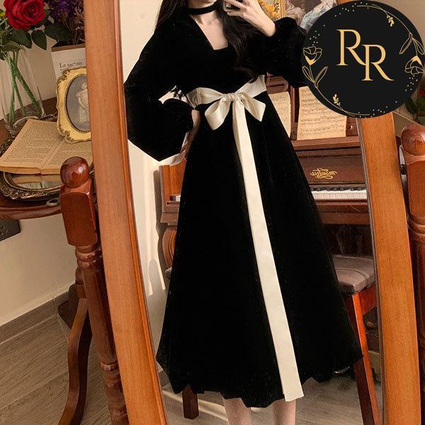 【送料無料】rrstyleレディース 配色Vネックランタンスリーブリボン飾り蝶结びAラインワンピース