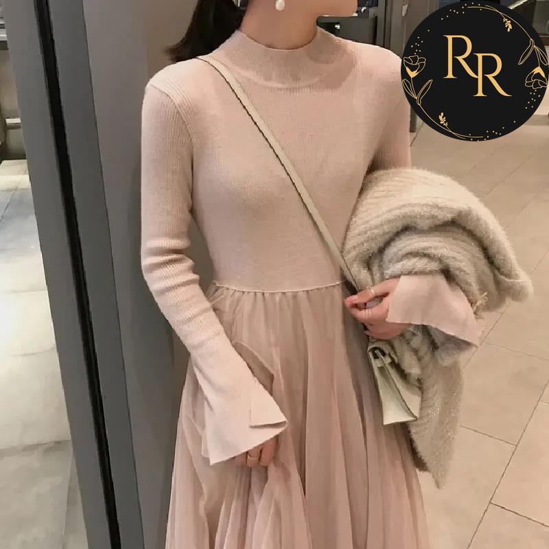 【送料無料】 rrstyle レディース 着痩せ効果 無地 秋冬 足首丈 エレガント メッシュ Aライン 切り替え ラウンドネック カジュアルワンピース