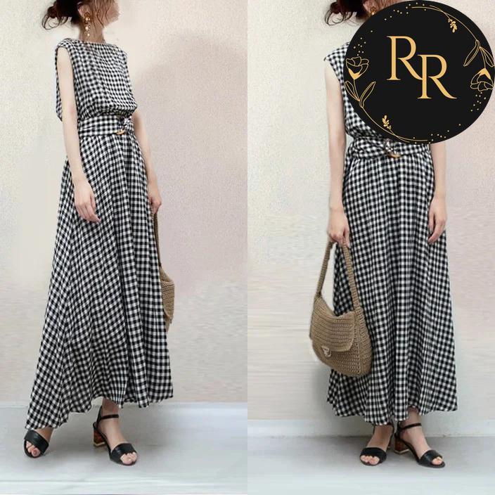 【送料無料】 rrstyle レディース チェック柄 ラウンドネック ノースリーブ Aライン ボウタイ 上品見え 切り替え キレカジ ノースリーブ カジュアルワンピース
