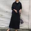 【送料無料】 rrstyle レディース 「フード付き」プルオーバー ボウタイ シンプル ロング ストレートスカート 無地 長袖 ブラック カジュアルワンピース