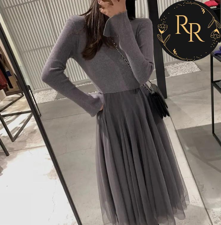 【送料無料】 rrstyle レディース 着痩せ効果 無地 秋冬 足首丈 エレガント メッシュ Aライン 切り替え ラウンドネック カジュアルワンピース