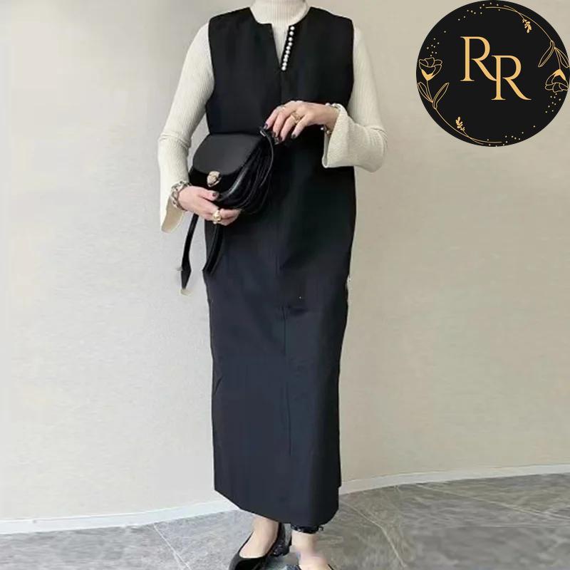 【送料無料】 rrstyle レディース ストレートスカート プルオーバー Vネック ロング 真珠 ノースリーブ スリット 無地 3カラー展開 カジュアルワンピース