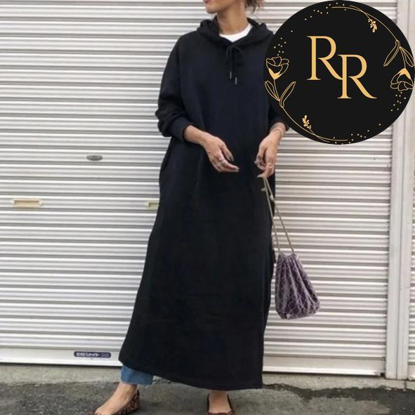【送料無料】 rrstyle レディース 「フード付き」プルオーバー ボウタイ シンプル ロング ストレートスカート 無地 長袖 ブラック カジュアルワンピース