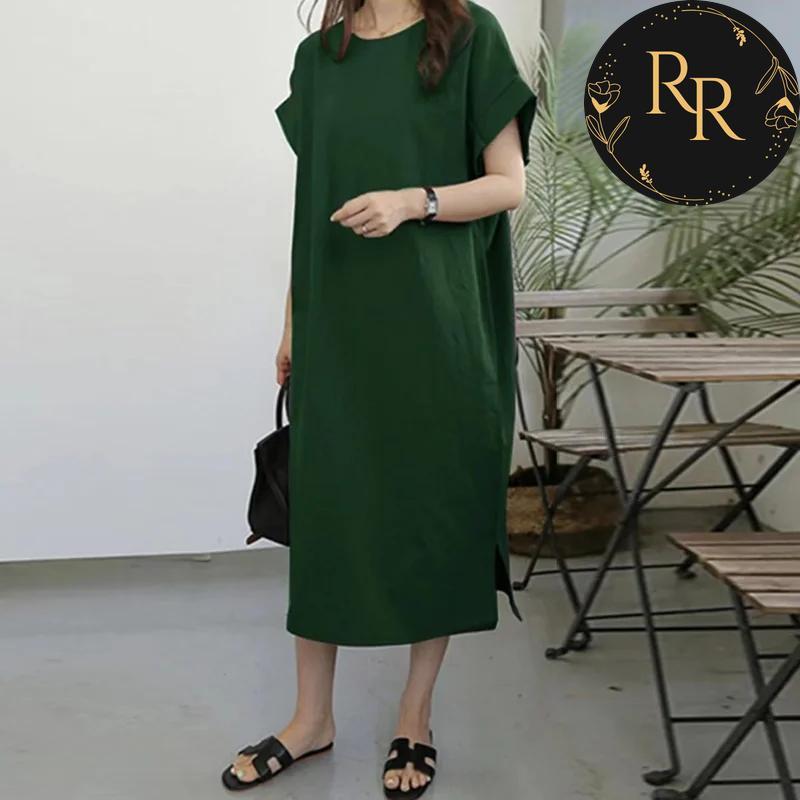 【送料無料】 rrstyle レディース 「ラウンドネック」レトロ ストレートスカート 無地 ロング ぴったりしたサイズ感 スリット カジュアルワンピース