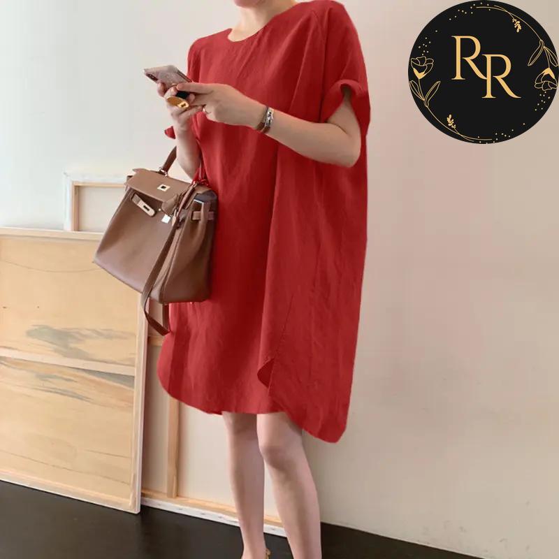 【送料無料】 rrstyle レディース 「定番シンプル」  無地 大きめのサイズ感 綿麻 ハイウエスト カジュアルワンピース