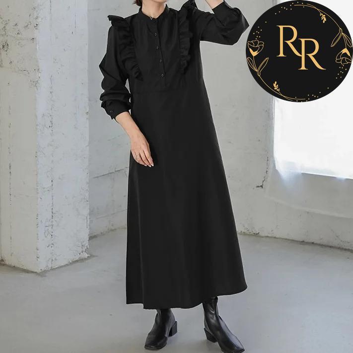 【送料無料】 rrstyle レディース 「ギャザー飾り」大きめのサイズ感 ロング Aライン 春秋 ナチュラル 九分袖 ボタン ロマンチック 体型をカバー カジュアルワンピース