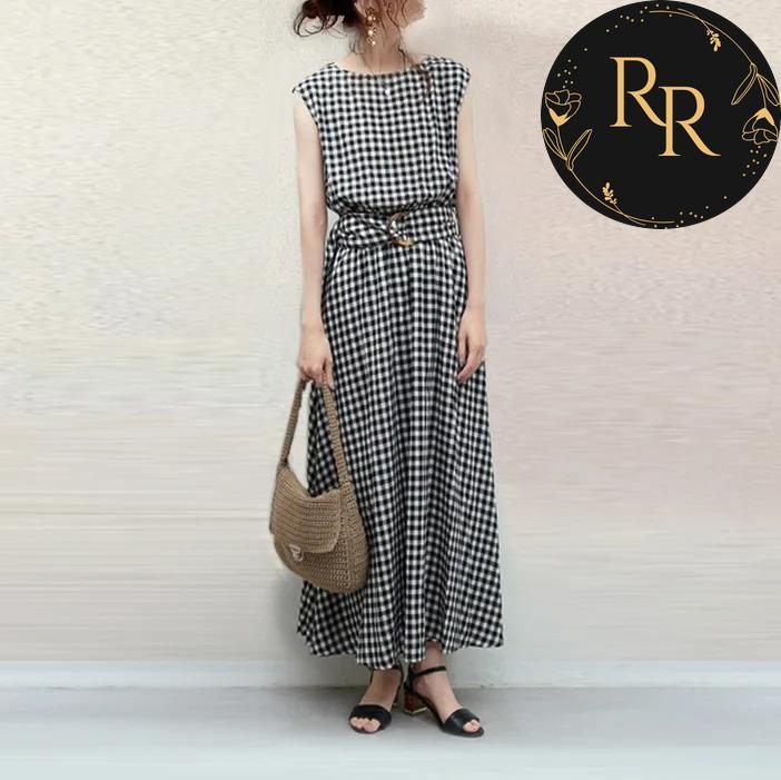 【送料無料】 rrstyle レディース チェック柄 ラウンドネック ノースリーブ Aライン ボウタイ 上品見え 切り替え キレカジ ノースリーブ カジュアルワンピース