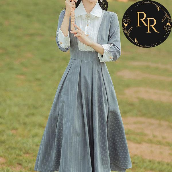 【送料無料】rrstyleレディース 配色ストライプ柄折り襟フェイクレイヤード切り替えAラインワンピース