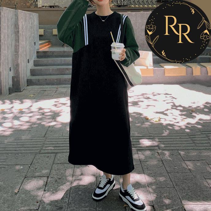 【送料無料】 rrstyle レディース 秋冬新作 配色 秋冬 ラウンドネック すね丈 切り替え ストレートスカート 学園風 カジュアルワンピース