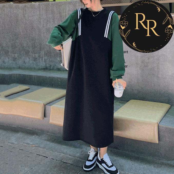 【送料無料】 rrstyle レディース 秋冬新作 配色 秋冬 ラウンドネック すね丈 切り替え ストレートスカート 学園風 カジュアルワンピース