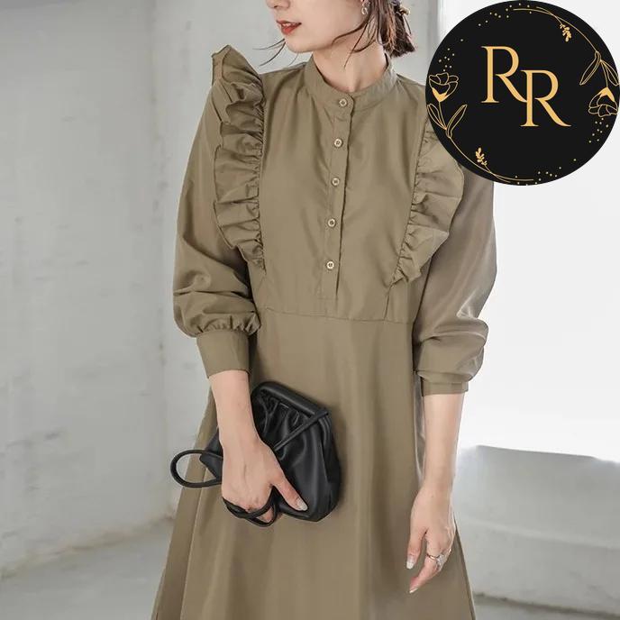 【送料無料】 rrstyle レディース 「ギャザー飾り」大きめのサイズ感 ロング Aライン 春秋 ナチュラル 九分袖 ボタン ロマンチック 体型をカバー カジュアルワンピース