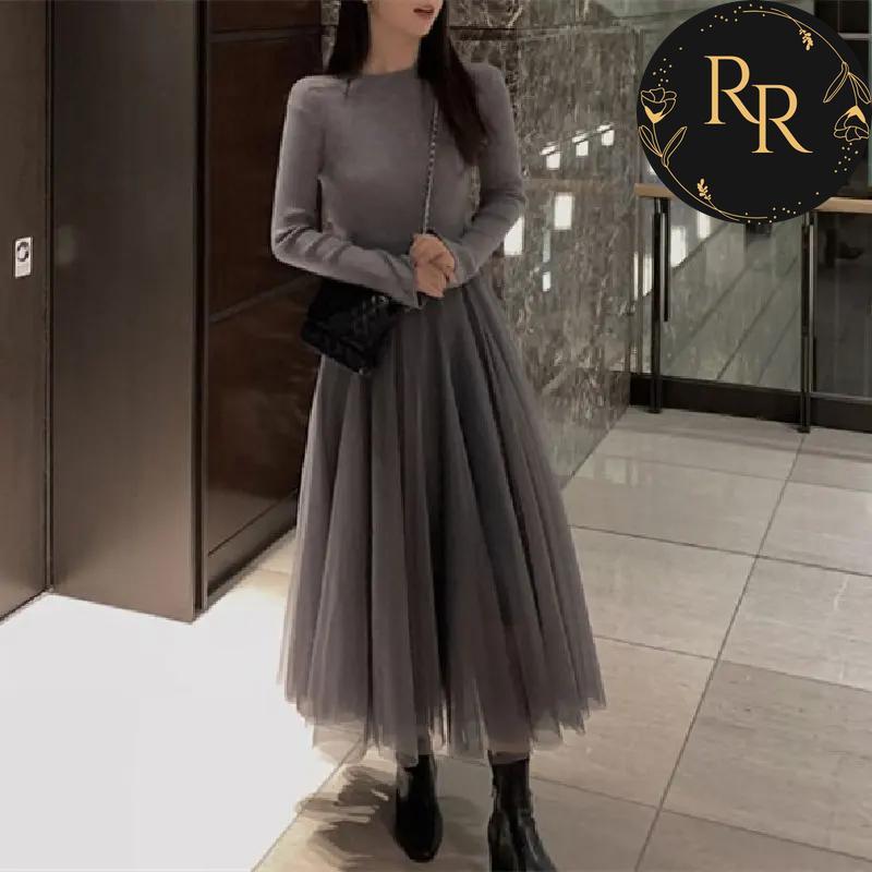 【送料無料】 rrstyle レディース 着痩せ効果 無地 秋冬 足首丈 エレガント メッシュ Aライン 切り替え ラウンドネック カジュアルワンピース