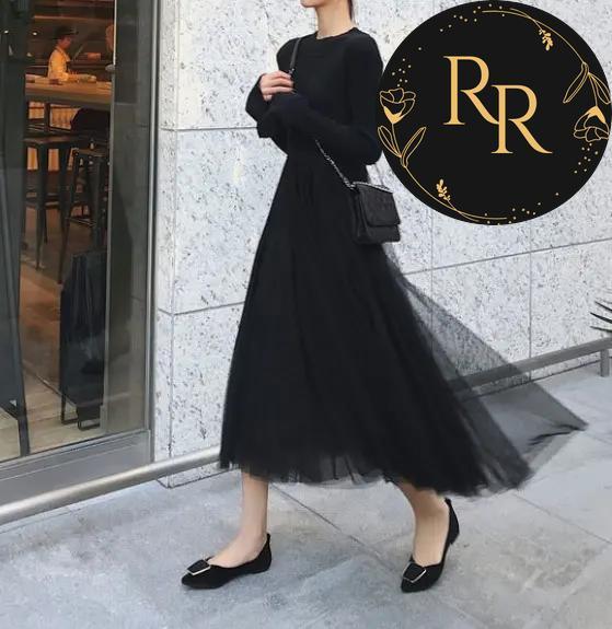 【送料無料】 rrstyle レディース 着痩せ効果 無地 秋冬 足首丈 エレガント メッシュ Aライン 切り替え ラウンドネック カジュアルワンピース