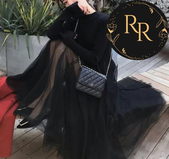 【送料無料】 rrstyle レディース 着痩せ効果 無地 秋冬 足首丈 エレガント メッシュ Aライン 切り替え ラウンドネック カジュアルワンピース