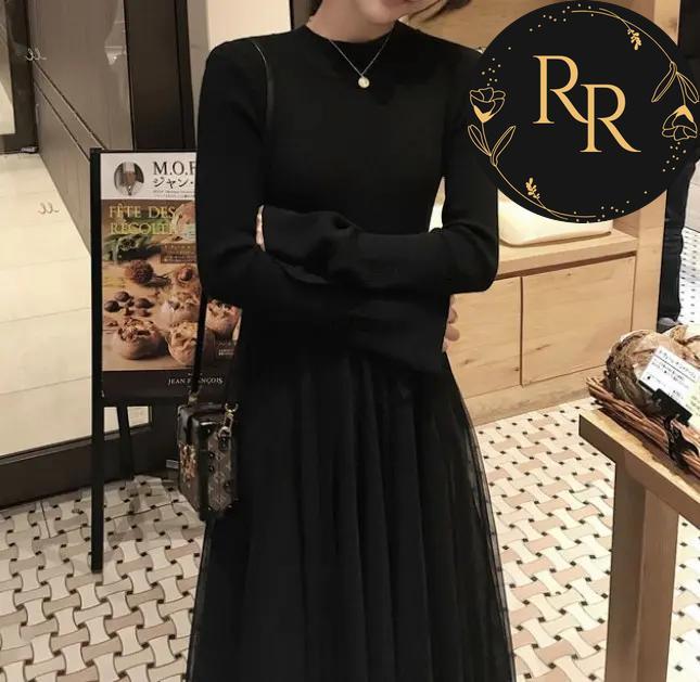【送料無料】 rrstyle レディース 着痩せ効果 無地 秋冬 足首丈 エレガント メッシュ Aライン 切り替え ラウンドネック カジュアルワンピース