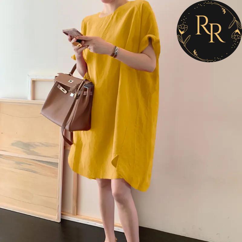 【送料無料】 rrstyle レディース 「定番シンプル」  無地 大きめのサイズ感 綿麻 ハイウエスト カジュアルワンピース