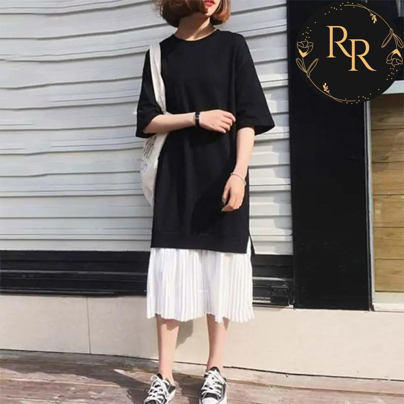 【送料無料】 rrstyle レディース 配色 切り替え キレカジ レイヤード / 重ね着風 すね丈 五分袖 気分転換 通勤 ファッション ストレート カジュアルワンピース