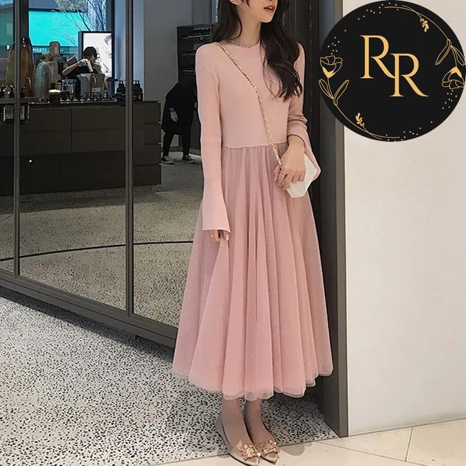 【送料無料】 rrstyle レディース 着痩せ効果 無地 秋冬 足首丈 エレガント メッシュ Aライン 切り替え ラウンドネック カジュアルワンピース
