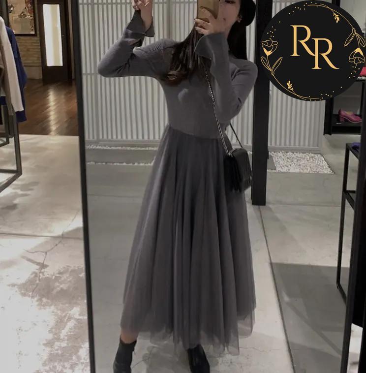 【送料無料】 rrstyle レディース 着痩せ効果 無地 秋冬 足首丈 エレガント メッシュ Aライン 切り替え ラウンドネック カジュアルワンピース