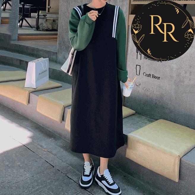 【送料無料】 rrstyle レディース 秋冬新作 配色 秋冬 ラウンドネック すね丈 切り替え ストレートスカート 学園風 カジュアルワンピース