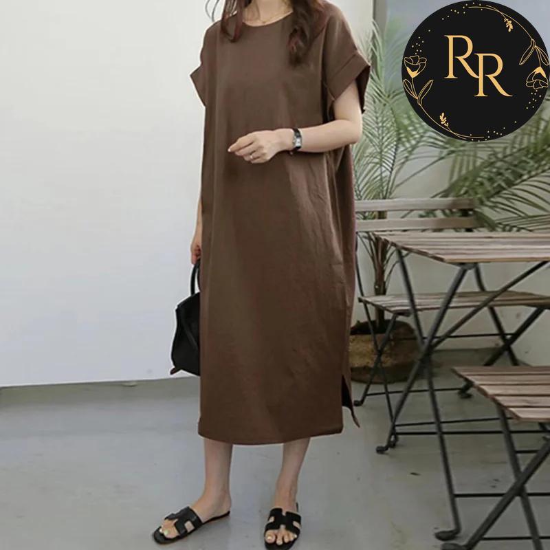 【送料無料】 rrstyle レディース 「ラウンドネック」レトロ ストレートスカート 無地 ロング ぴったりしたサイズ感 スリット カジュアルワンピース