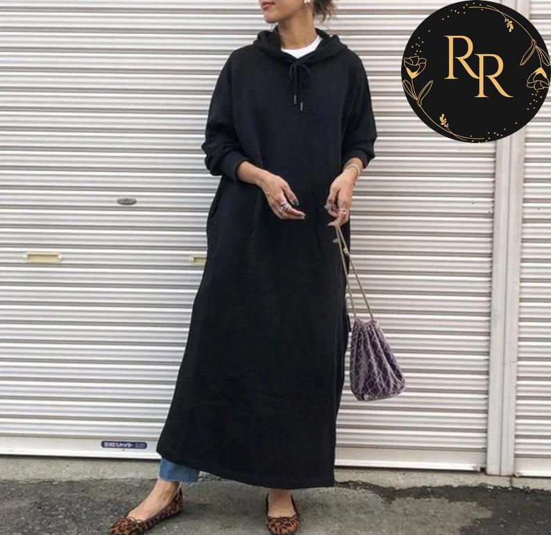 【送料無料】 rrstyle レディース 「フード付き」プルオーバー ボウタイ シンプル ロング ストレートスカート 無地 長袖 ブラック カジュアルワンピース