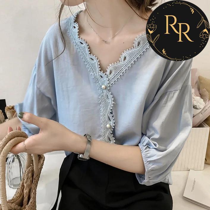 【送料無料】 rrstyle レディース 早い者勝ち オフィス カジュアル レース ビーズ 切り替え ギャザー 透かし編み Vネック シフォン シャツ・ブラウス