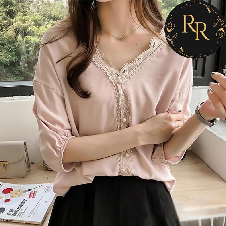 【送料無料】 rrstyle レディース 早い者勝ち オフィス カジュアル レース ビーズ 切り替え ギャザー 透かし編み Vネック シフォン シャツ・ブラウス
