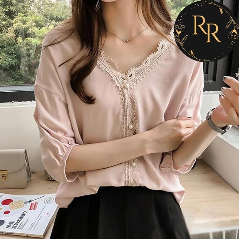 【送料無料】 rrstyle レディース 早い者勝ち オフィス カジュアル レース ビーズ 切り替え ギャザー 透かし編み Vネック シフォン シャツ・ブラウス