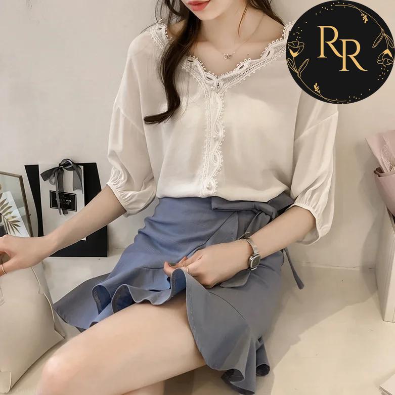 【送料無料】 rrstyle レディース 早い者勝ち オフィス カジュアル レース ビーズ 切り替え ギャザー 透かし編み Vネック シフォン シャツ・ブラウス