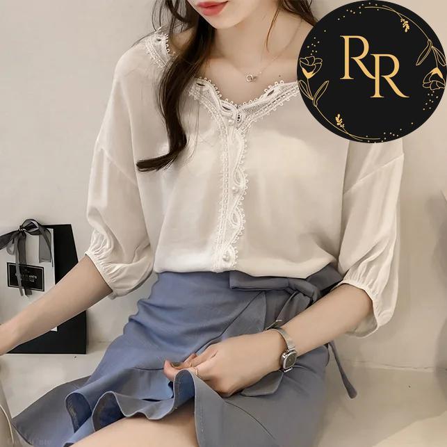 【送料無料】 rrstyle レディース 早い者勝ち オフィス カジュアル レース ビーズ 切り替え ギャザー 透かし編み Vネック シフォン シャツ・ブラウス