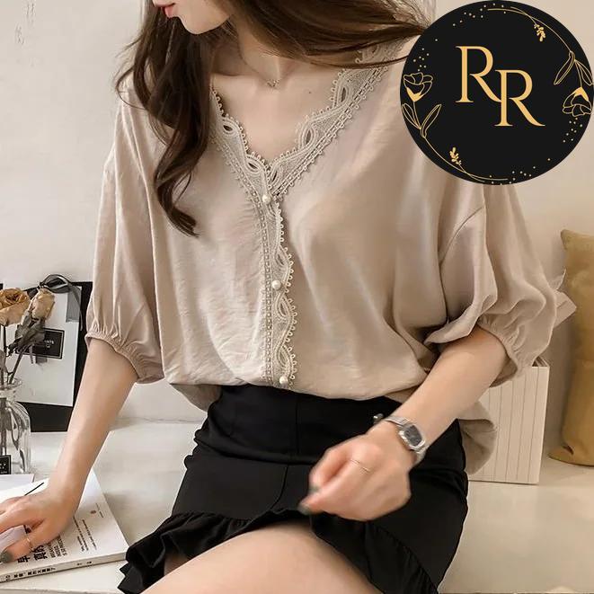 【送料無料】 rrstyle レディース 早い者勝ち オフィス カジュアル レース ビーズ 切り替え ギャザー 透かし編み Vネック シフォン シャツ・ブラウス