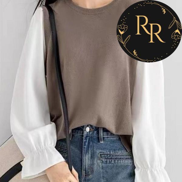 【送料無料】rrstyleレディース フェイクレイヤード 切り替え配色ルーズニットラウンドネックシャツ