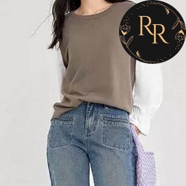 【送料無料】rrstyleレディース フェイクレイヤード 切り替え配色ルーズニットラウンドネックシャツ