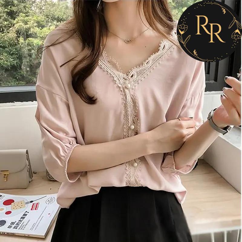 【送料無料】 rrstyle レディース 早い者勝ち オフィス カジュアル レース ビーズ 切り替え ギャザー 透かし編み Vネック シフォン シャツ・ブラウス