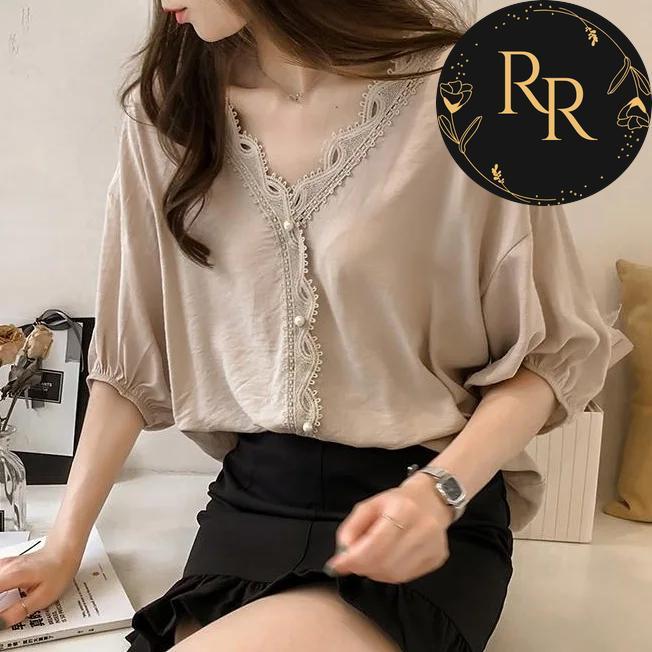 【送料無料】 rrstyle レディース 早い者勝ち オフィス カジュアル レース ビーズ 切り替え ギャザー 透かし編み Vネック シフォン シャツ・ブラウス