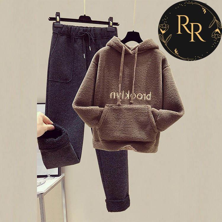 【送料無料】rrstyleレディース 無地フード付きポケット付き刺繍ボウタイセットアップ