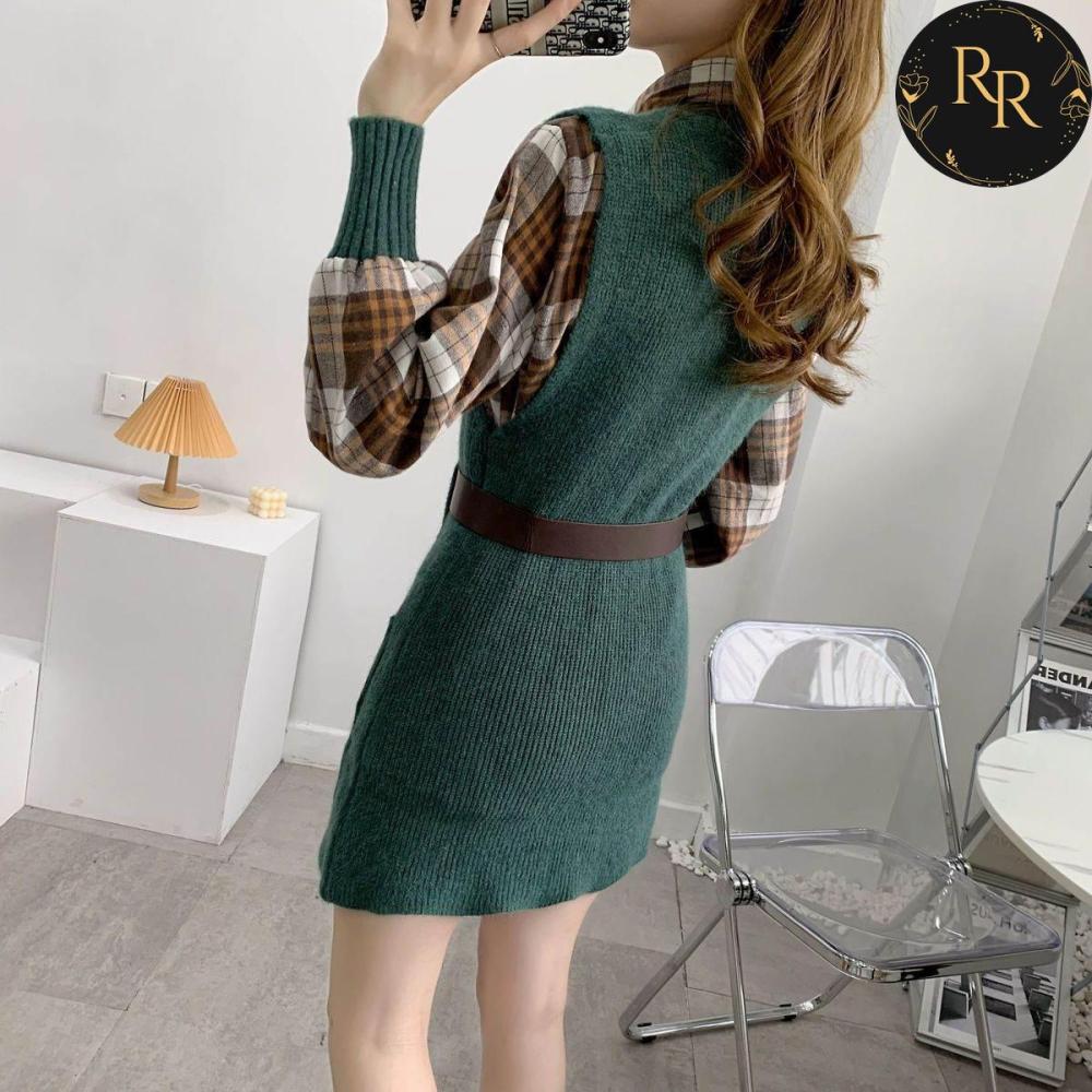 【送料無料】rrstyleレディース 2点セットチエレガントェック柄シャツ+無地ニットベストワンピース