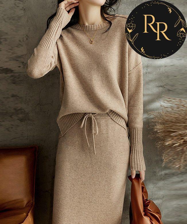 【送料無料】rrstyleレディース ニットセットアップ2点セットラウンドネックセーター＋ギャザー飾りリボン飾りスカート