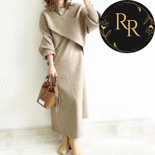 【送料無料】rrstyleレディース 2点セット上品なシルエット無地Vネックエレガントニットセーター+ニットタンクトップワンピース