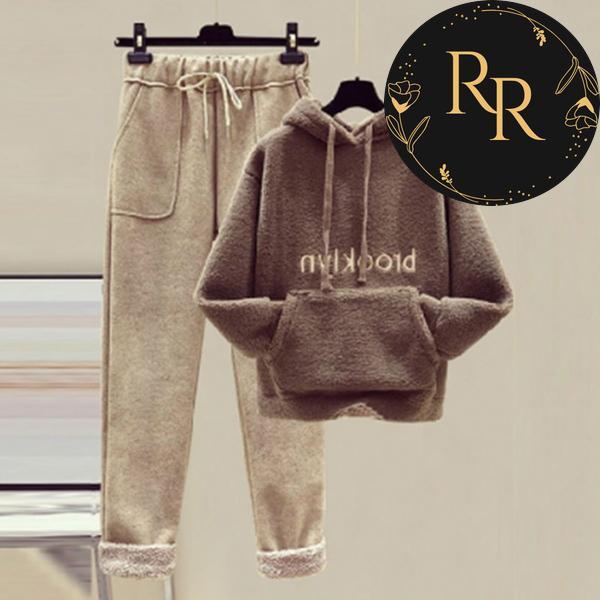 【送料無料】rrstyleレディース 無地フード付きポケット付き刺繍ボウタイセットアップ