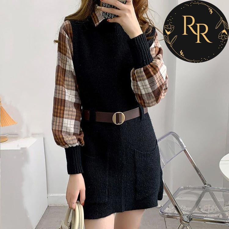 【送料無料】rrstyleレディース 2点セットチエレガントェック柄シャツ+無地ニットベストワンピース