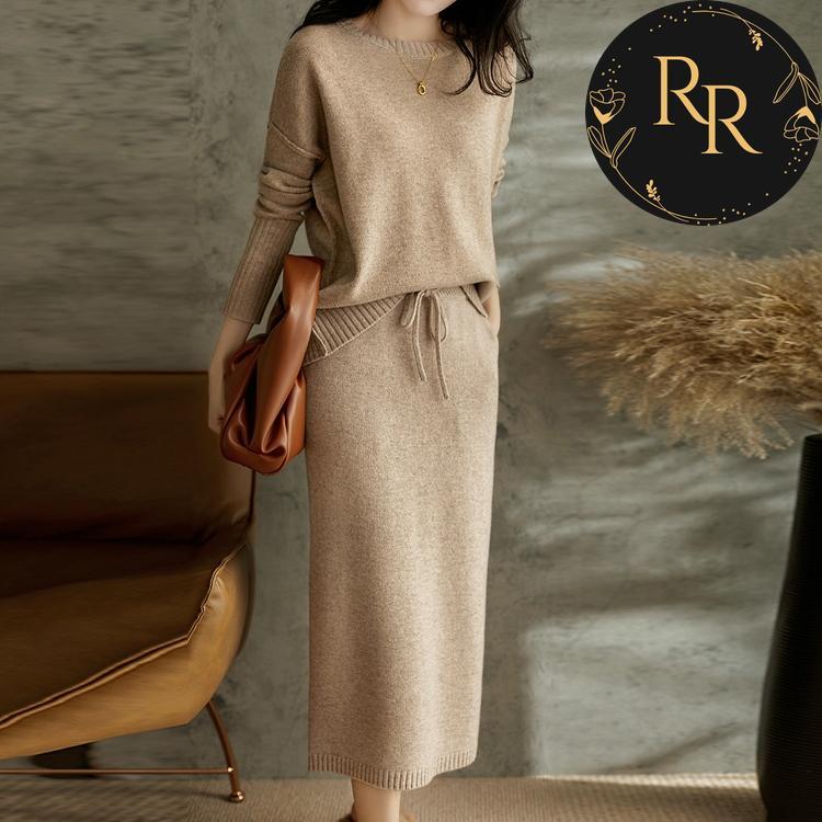 【送料無料】rrstyleレディース ニットセットアップ2点セットラウンドネックセーター＋ギャザー飾りリボン飾りスカート