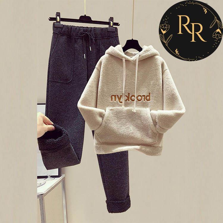 【送料無料】rrstyleレディース 無地フード付きポケット付き刺繍ボウタイセットアップ