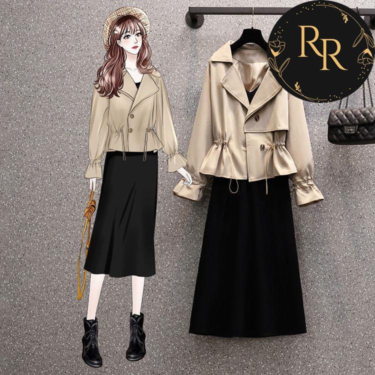 【送料無料】rrstyleレディース 2点セット無地長袖シングルブレストトップス+無地ワンピース