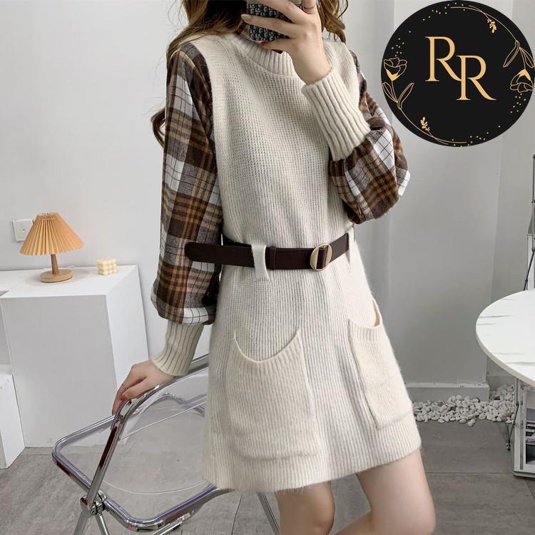 【送料無料】rrstyleレディース 2点セットチエレガントェック柄シャツ+無地ニットベストワンピース