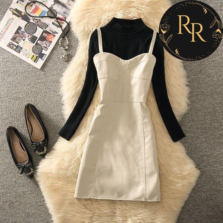 【送料無料】rrstyleレディース 2点セット着回し力抜群ラウンドネック長袖ニットセーター+無地カジュアルワンピース