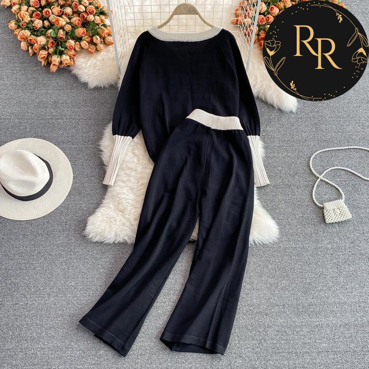【送料無料】rrstyleレディース 2ットセットアップ無地Vネックルーズ配色トップス+ゴムウエストパンツ